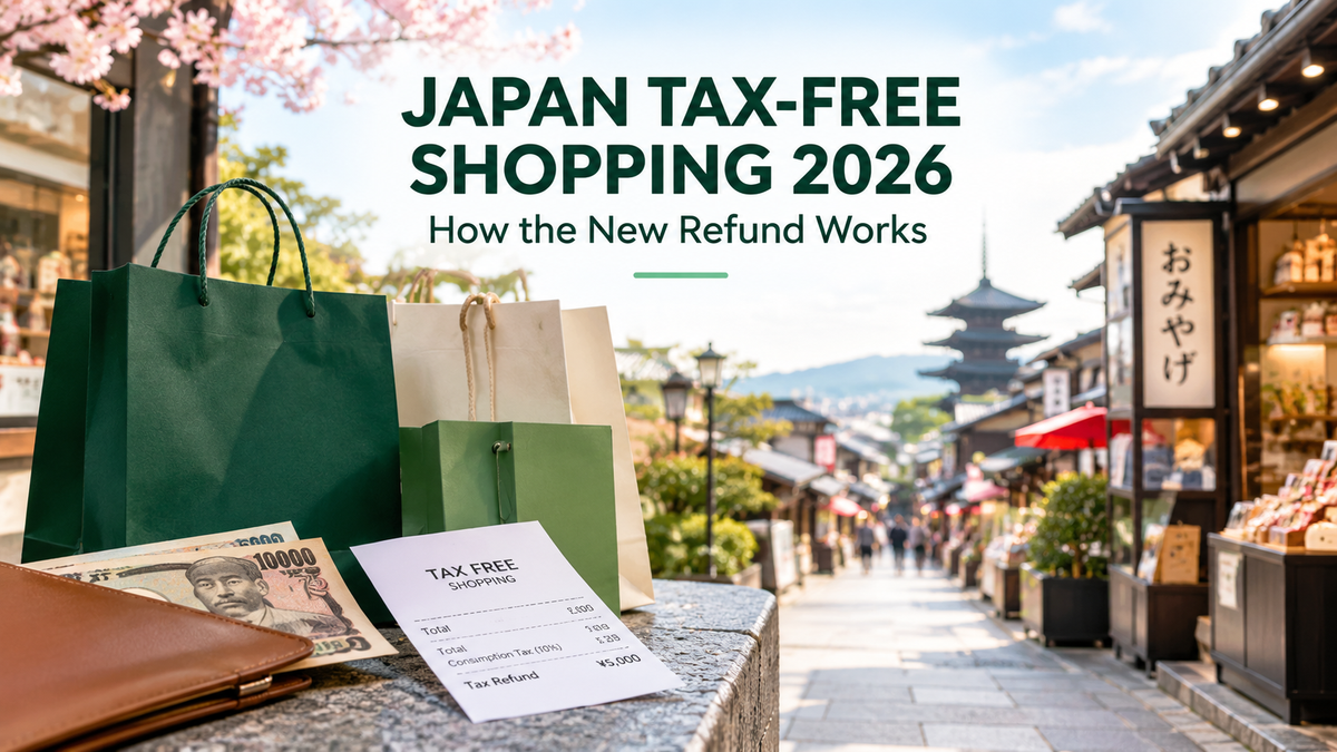 Japan tax-free shopping 2026 with shopping bags, Japanese yen and a tax refund receipt on a traditional Japanese shopping street