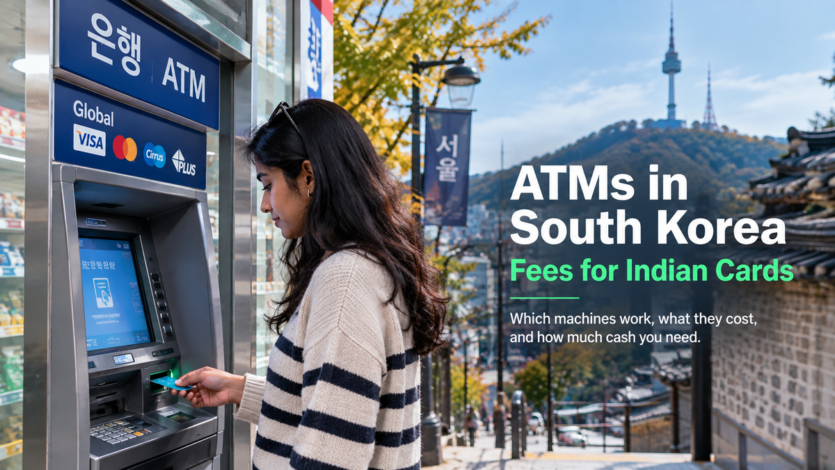 Indian woman using a Global ATM in South Korea with Seoul city scenery in the background