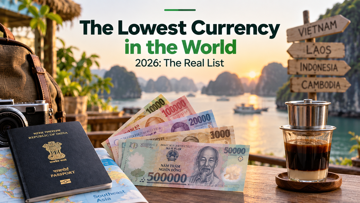 Global currency comparison featuring low-value international banknotes and a world map with the headline “The Lowest Currency in the World 2026: The Real List.