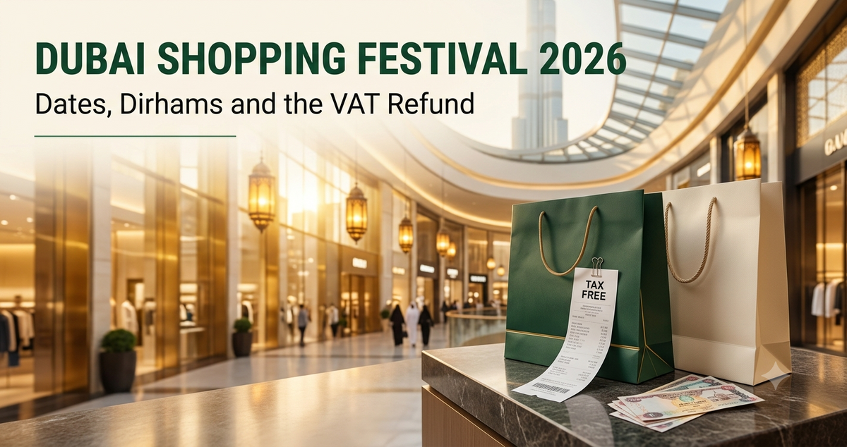 Shopping bags, a tax-free receipt and UAE dirham notes in a Dubai mall during the Dubai Shopping Festival 2026