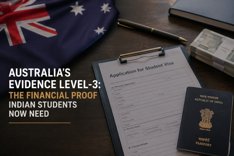 Australian passport, study abroad guides and laptop displaying Australia's Evidence Level 3 financial proof requirements for Indian students.