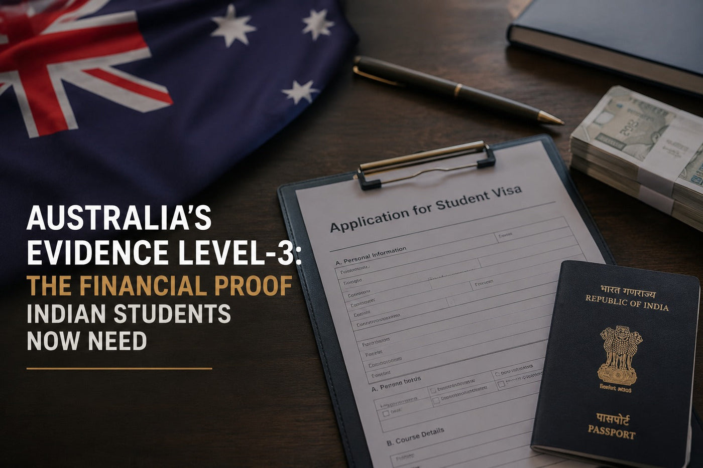 Australian passport, study abroad guides and laptop displaying Australia's Evidence Level 3 financial proof requirements for Indian students.