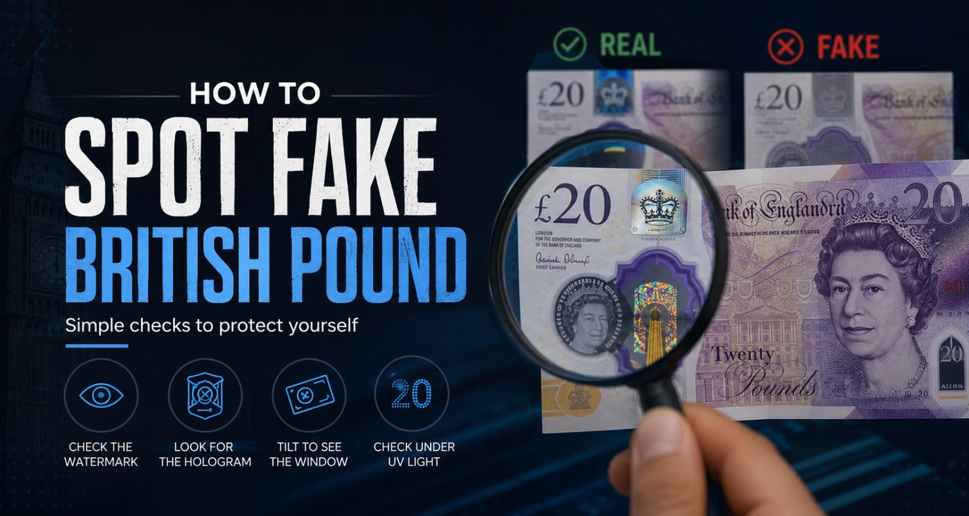Infographic showing how to spot fake British pound notes by checking the watermark, hologram, transparent window, and UV security features.