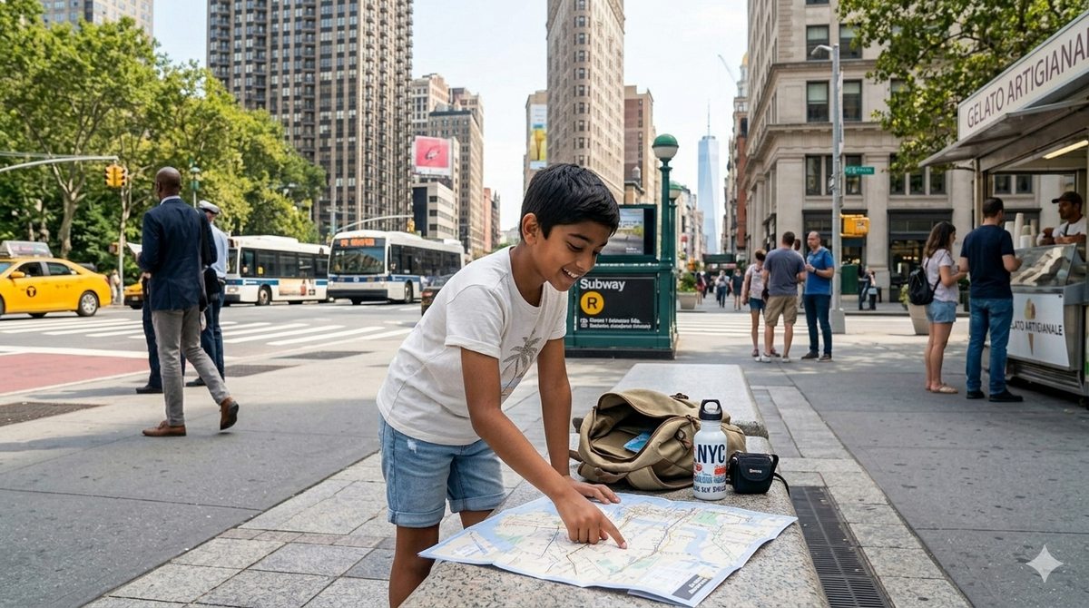 Young traveler reading a city map on a New York City sidewalk near a subway entrance during a first international trip.