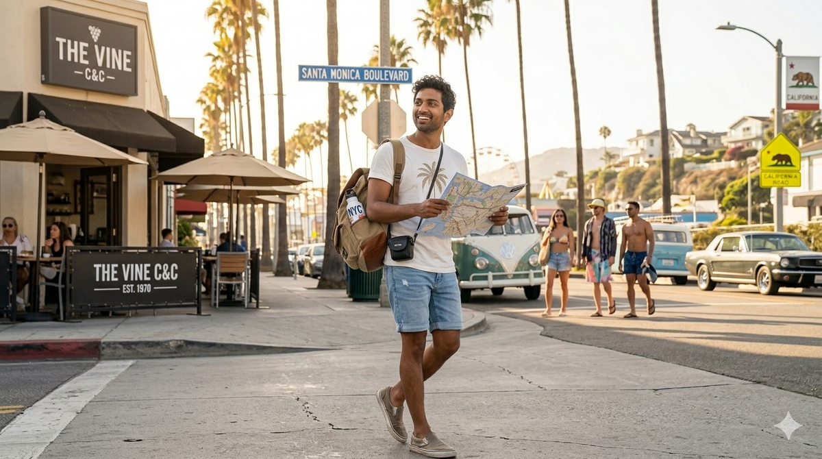 Indian tourist holding a map while exploring Santa Monica Boulevard in California, surrounded by palm trees, cafés, classic vehicles, and a sunny coastal atmosphere.