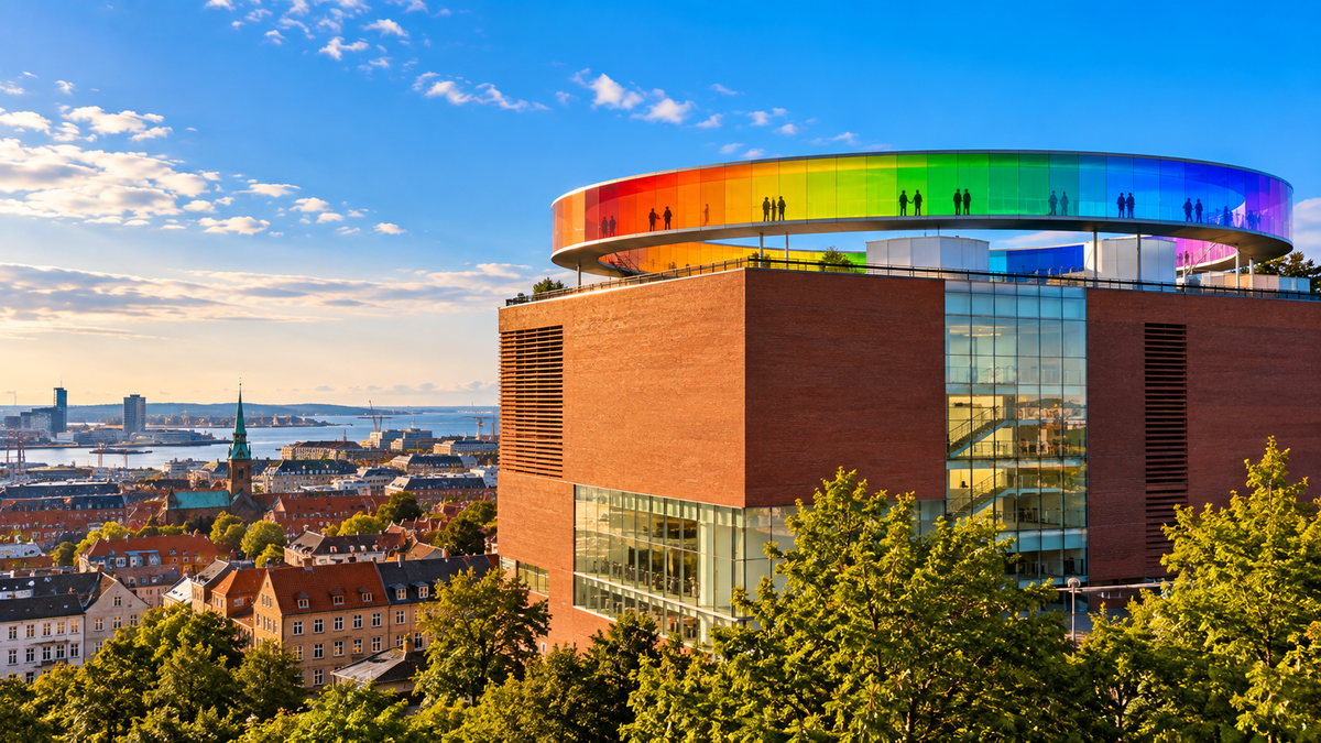 Your rainbow panorama, the ring of coloured glass on the roof of ARoS in Aarhus