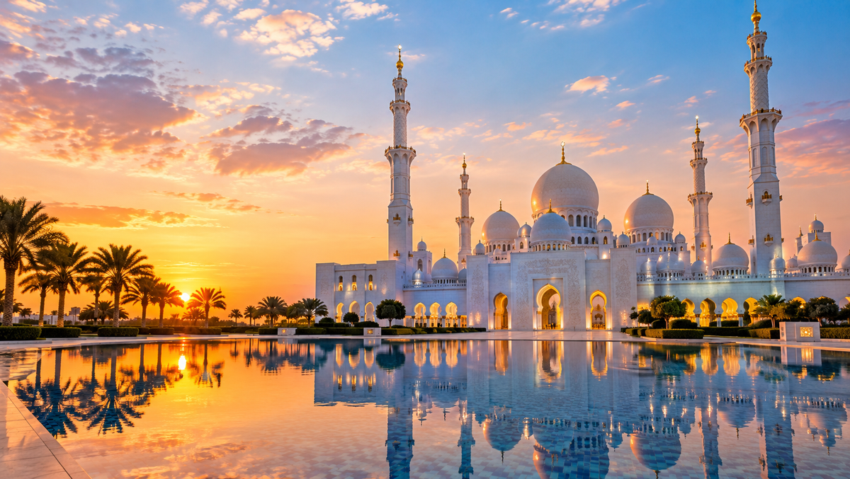 The white marble domes and reflecting pools of the Sheikh Zayed Grand Mosque, Abu Dhabi