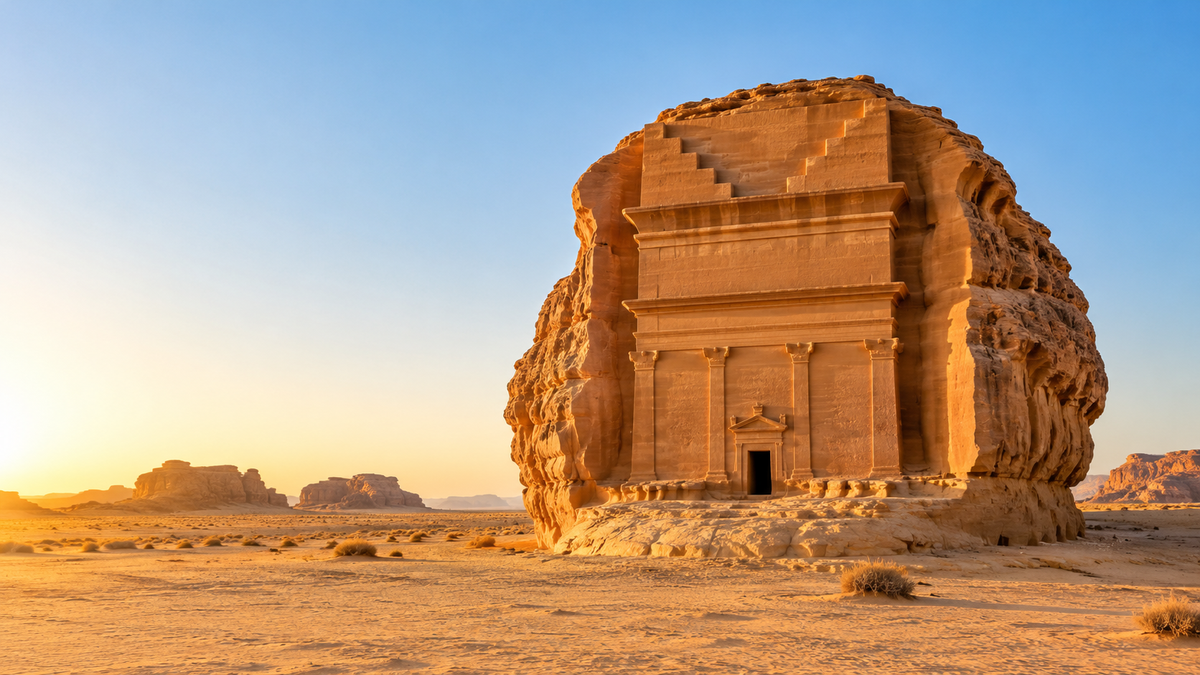 The Tomb of Lihyan son of Kuza at Hegra, carved into a single sandstone outcrop, in morning light