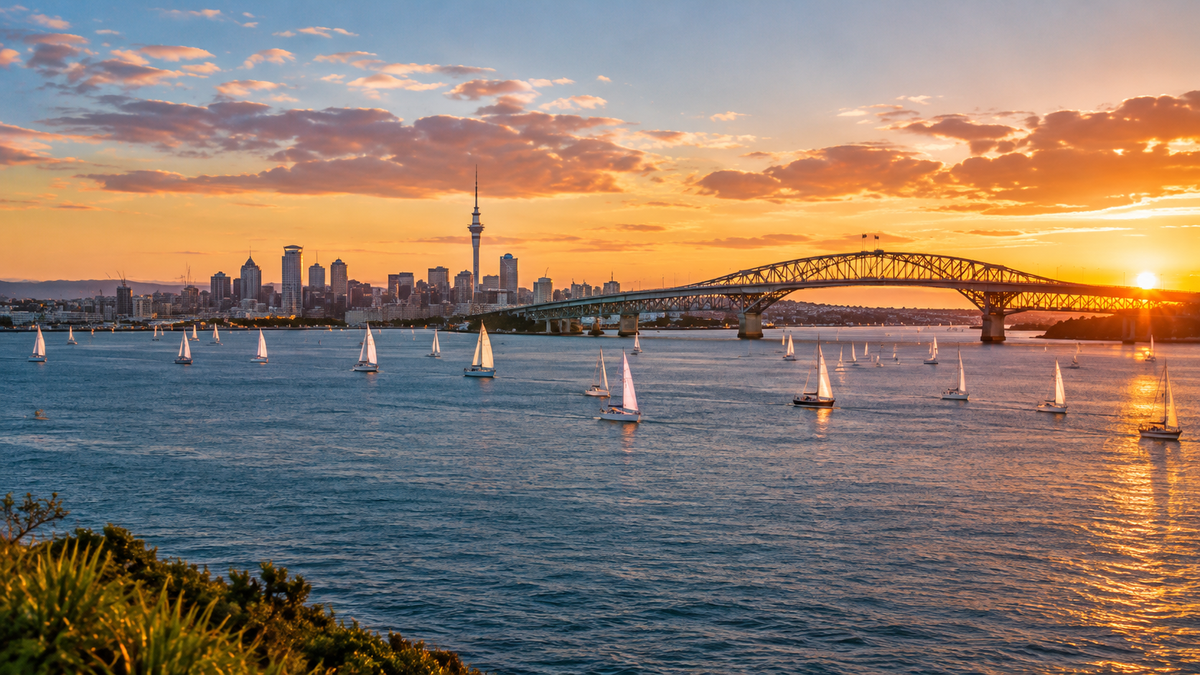 Sailing boats on Auckland's Waitematā Harbour with the Harbour Bridge and the city skyline