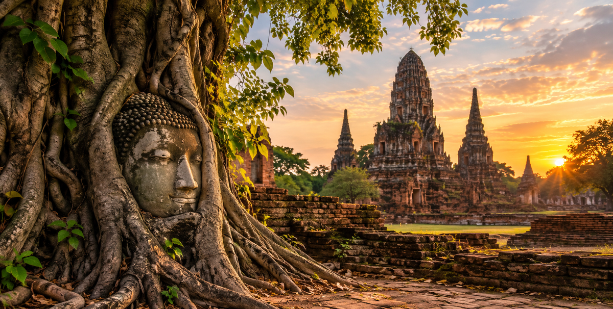 The stone Buddha head entwined in tree roots at Wat Mahathat, Ayutthaya