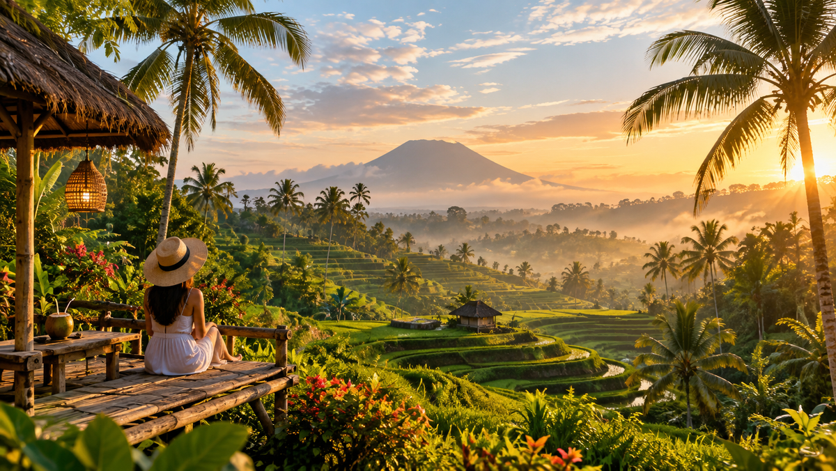 Rice terraces and palms in the Bali highlands near Ubud