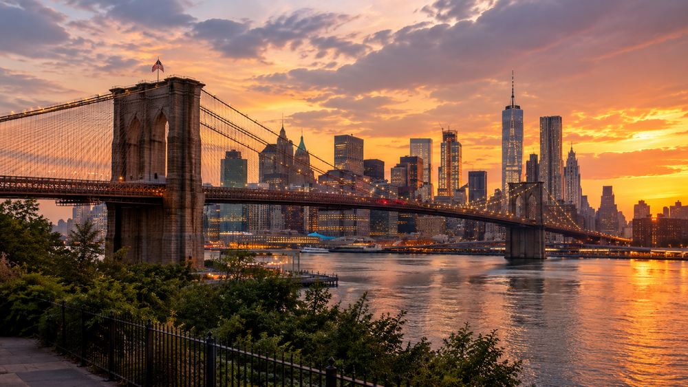 The Brooklyn Bridge viewed from Brooklyn Heights at sunset