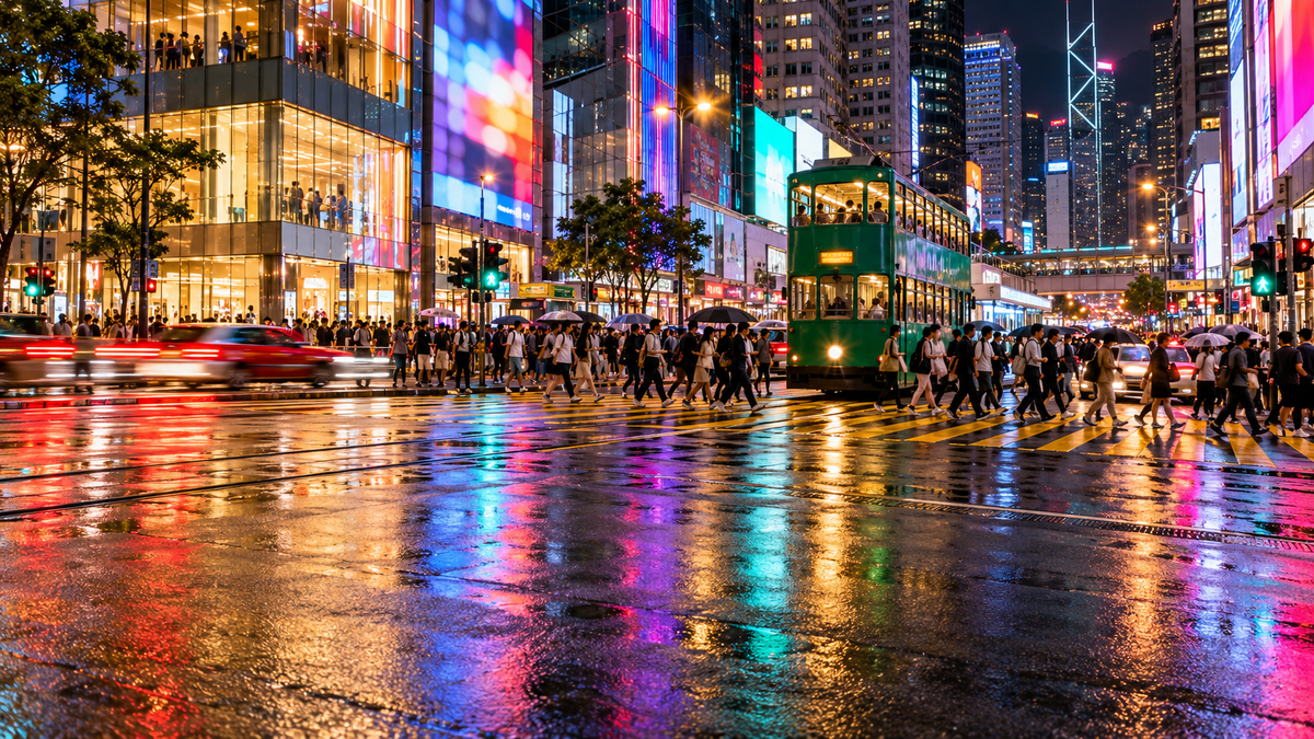 Crowds and a tram at a Causeway Bay crossroads at night