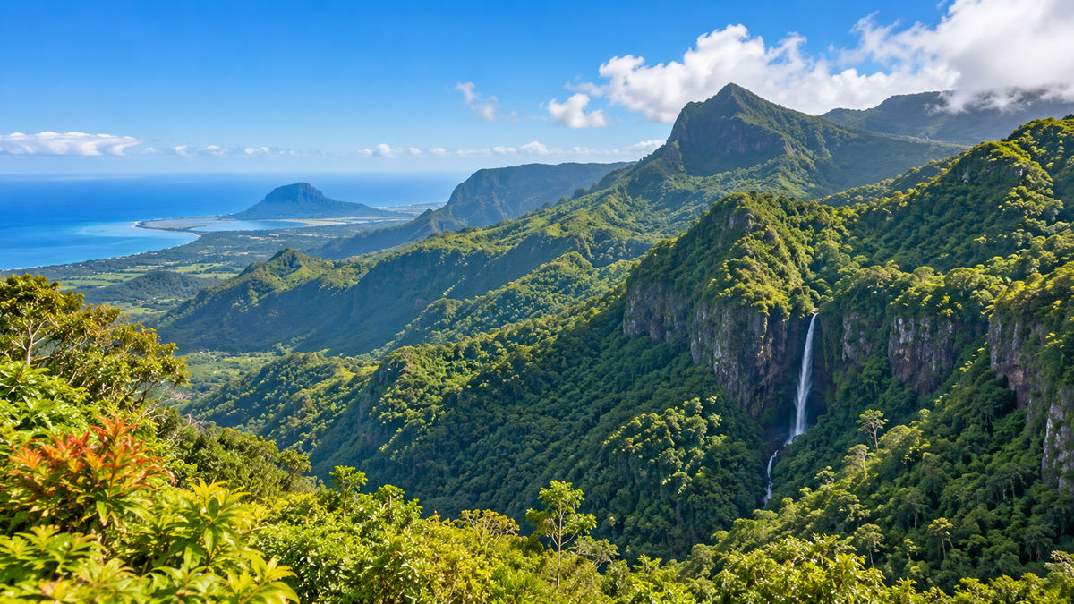 Forested gorges and a waterfall in the Black River Gorges near Chamarel, Mauritius