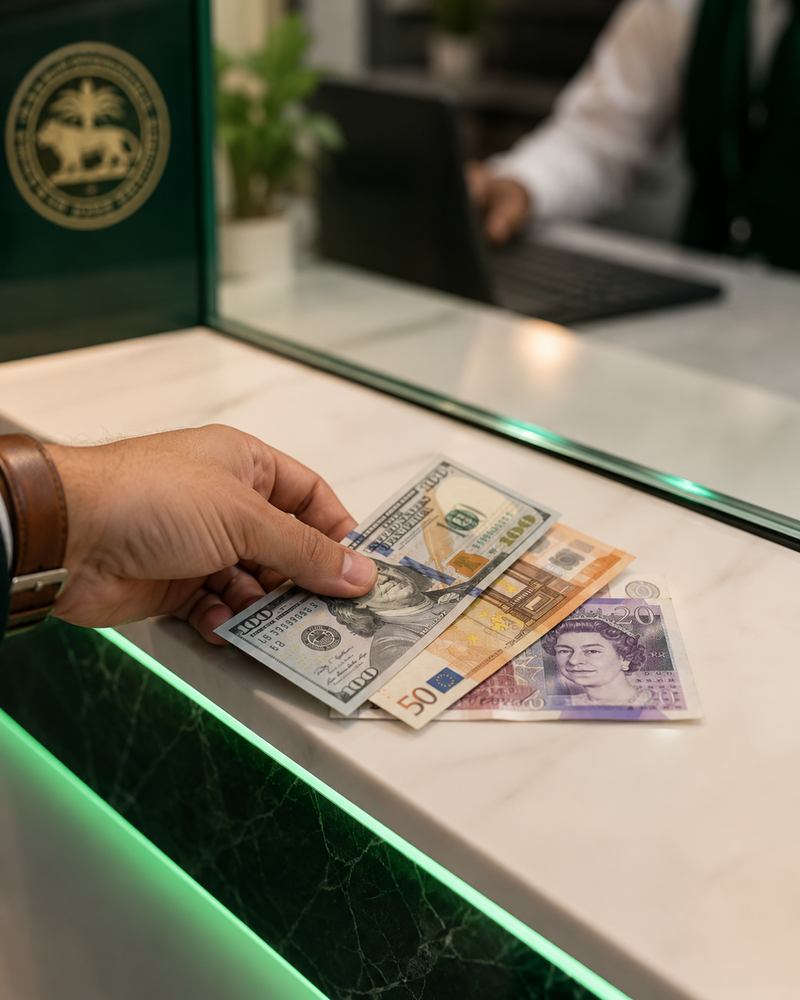 A close-up of a hand holding a stack of international banknotes, including a 100 US dollar bill, 50 Euro bill, and a British Pound note, positioned over a modern glass-front counter with green marble accents.