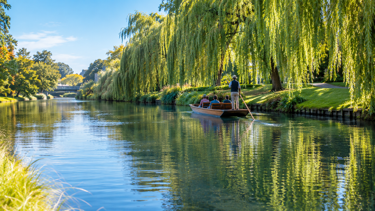 A punt on the Avon River in Christchurch under weeping willows