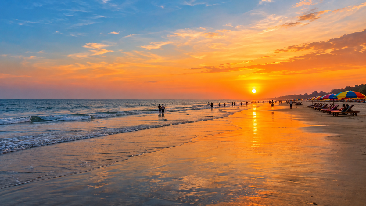 The long sandy beach at Cox's Bazar at sunset