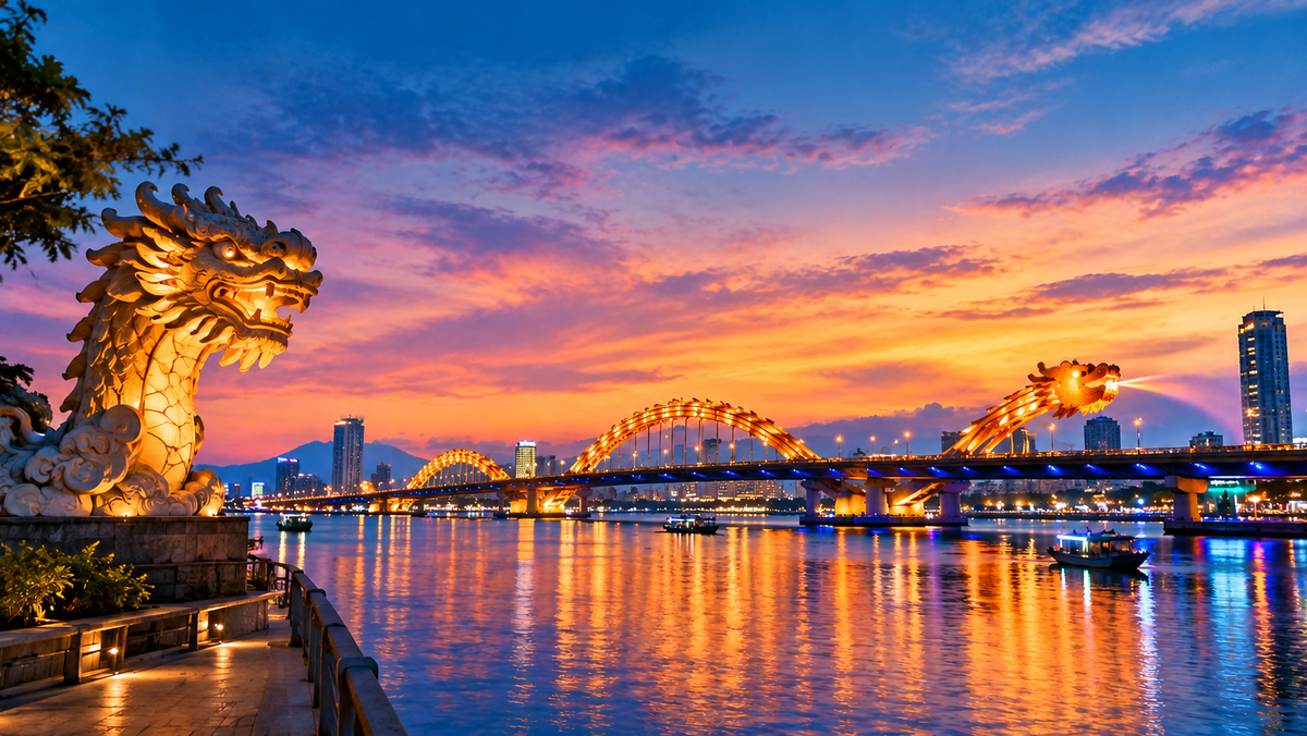 The Dragon Bridge lit up over the Han River in Da Nang