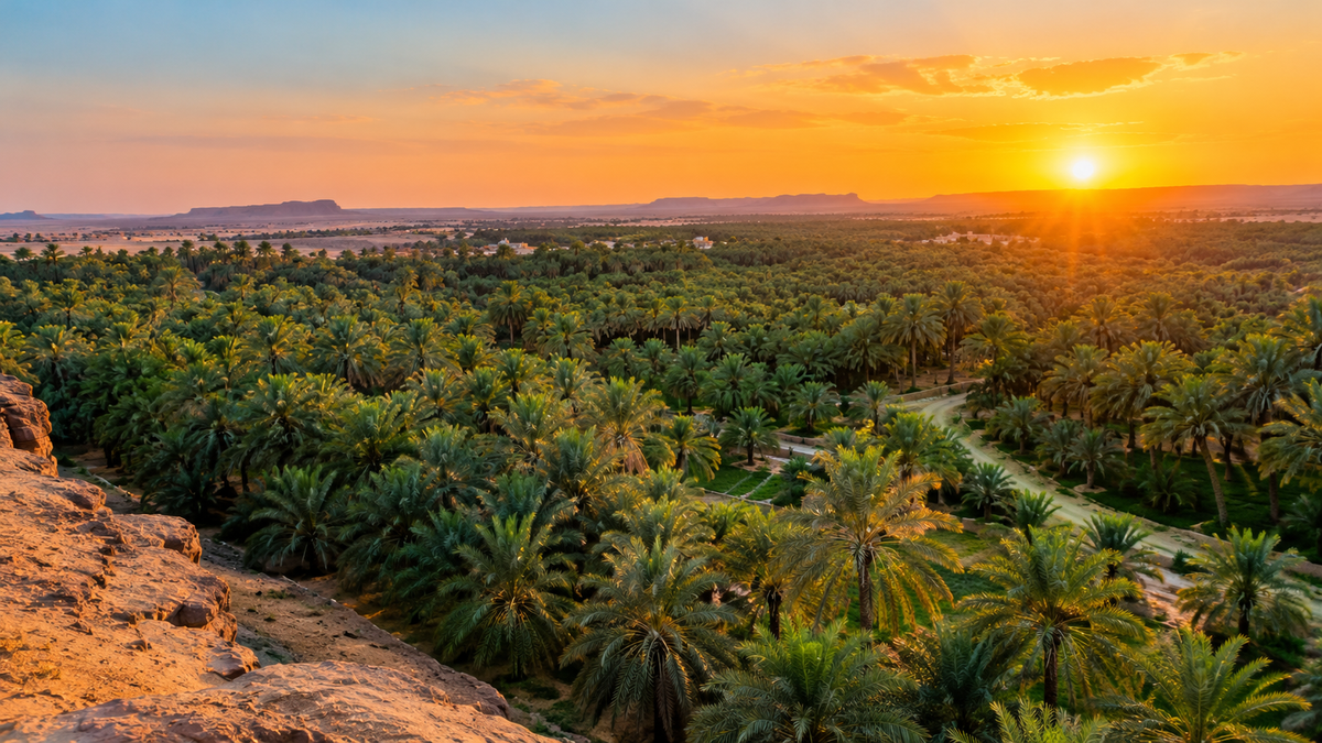 Date palm groves of the Al-Ahsa oasis at sunset, inland from Dammam and Al Khobar