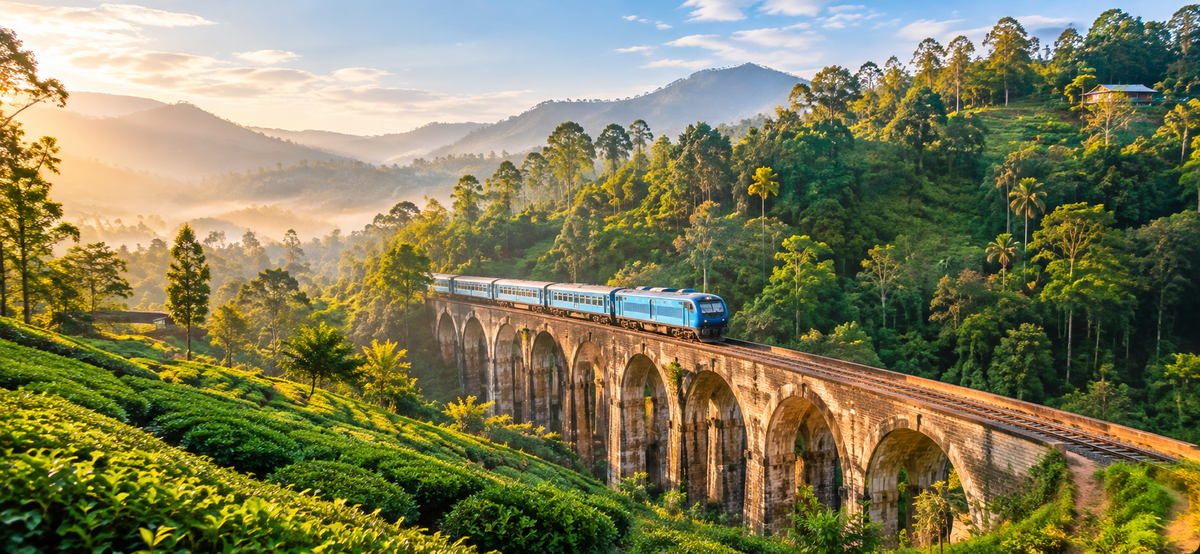 A train crossing the Nine Arch Bridge above the tea plantations at Ella
