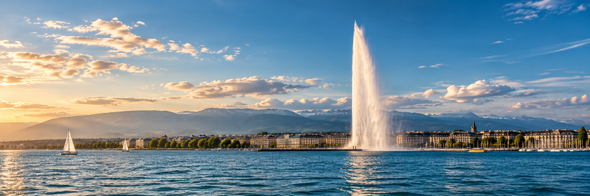 The Jet d'Eau fountain on Lake Geneva with the city behind