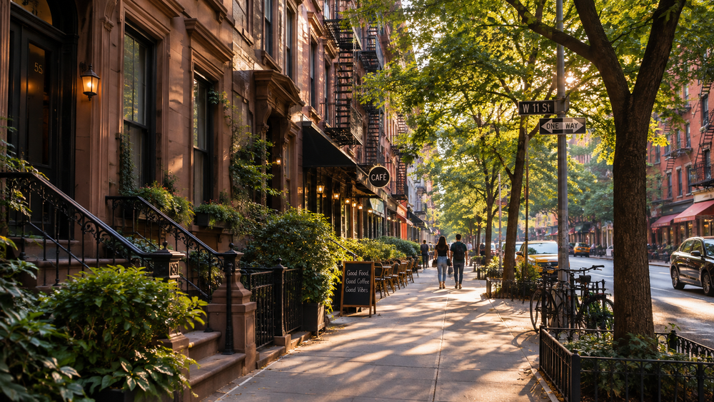 A quiet tree-lined street in Greenwich Village, New York
