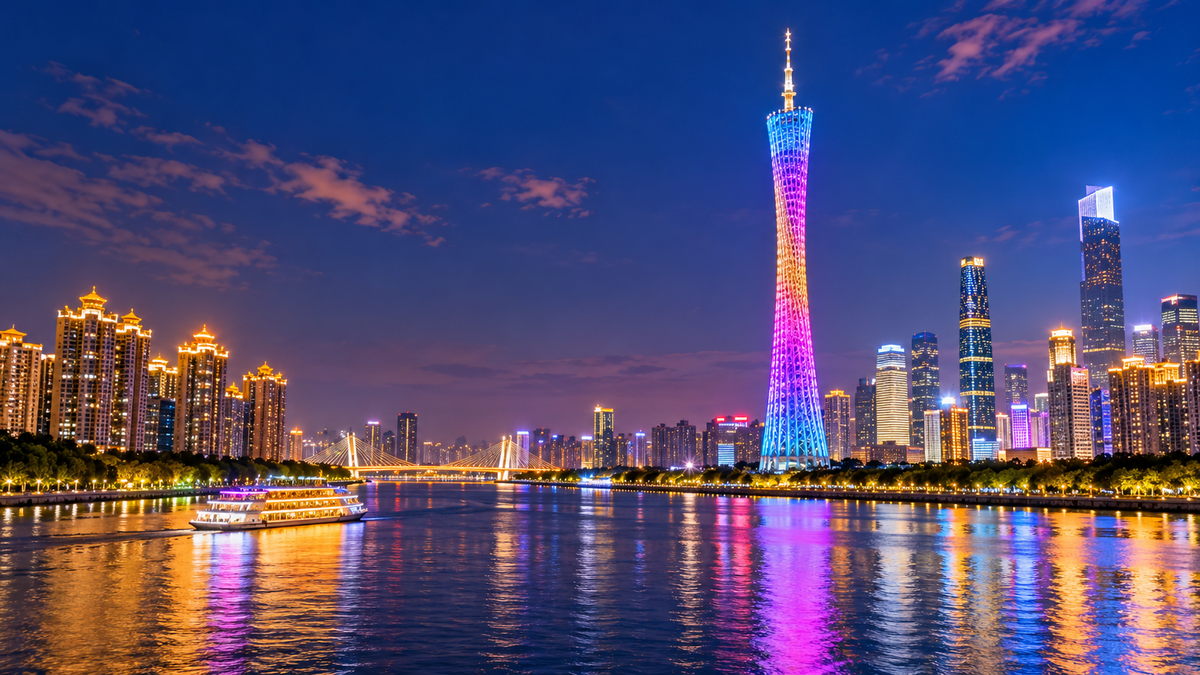 The Canton Tower lit up above the Pearl River in Guangzhou