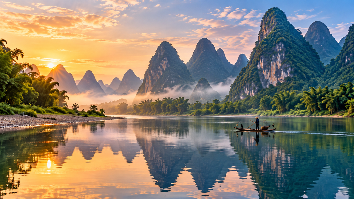 Karst peaks along the Li River near Xingping, the scene on the 20-yuan note