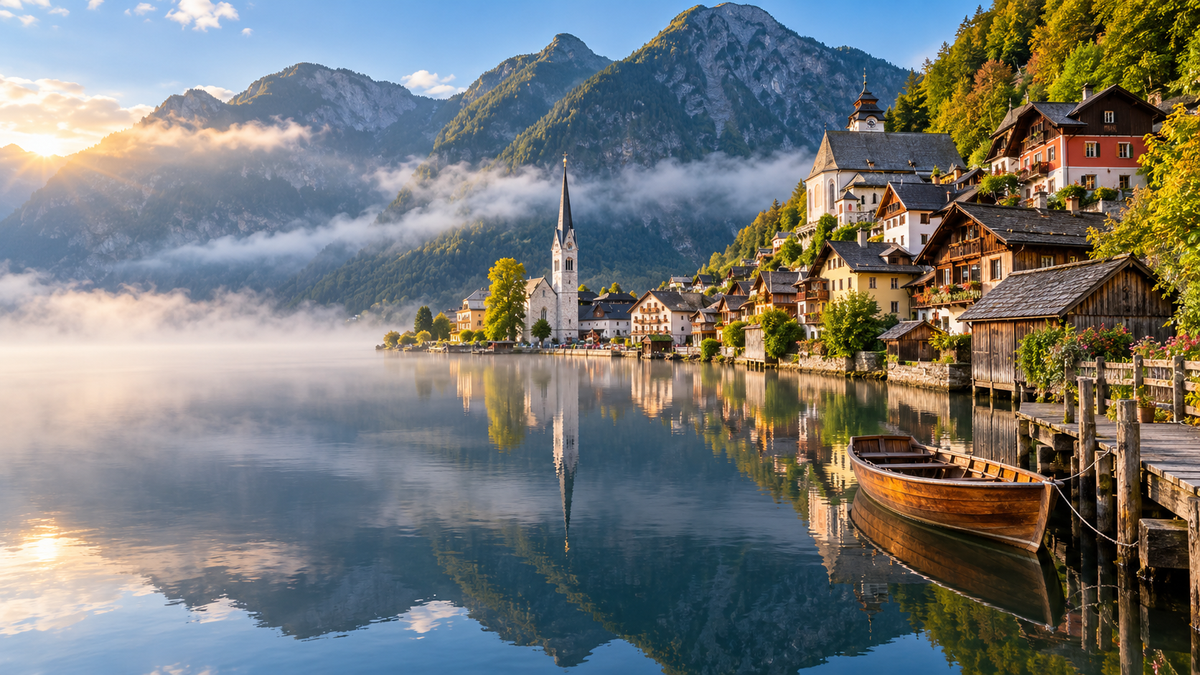 Hallstatt's houses and church spire reflected in Lake Hallstatt