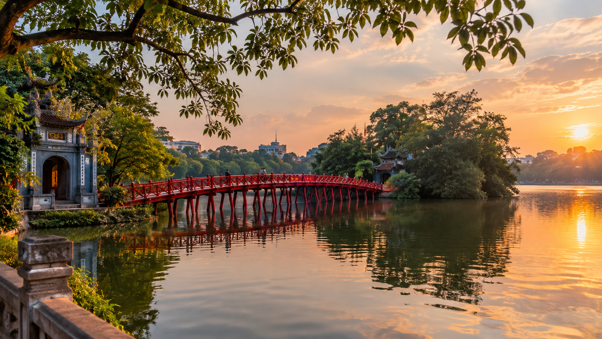 The red Huc Bridge crossing to Ngoc Son Temple on Hoan Kiem Lake, Hanoi