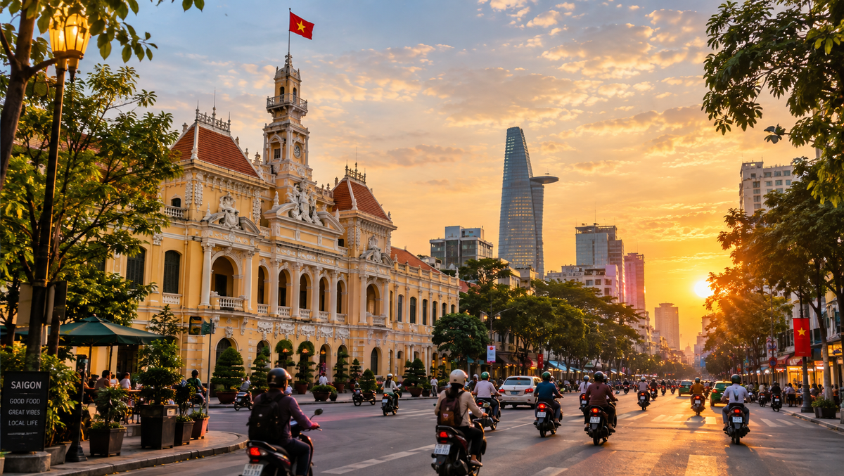Motorbike traffic and colonial facades in District 1, Ho Chi Minh City