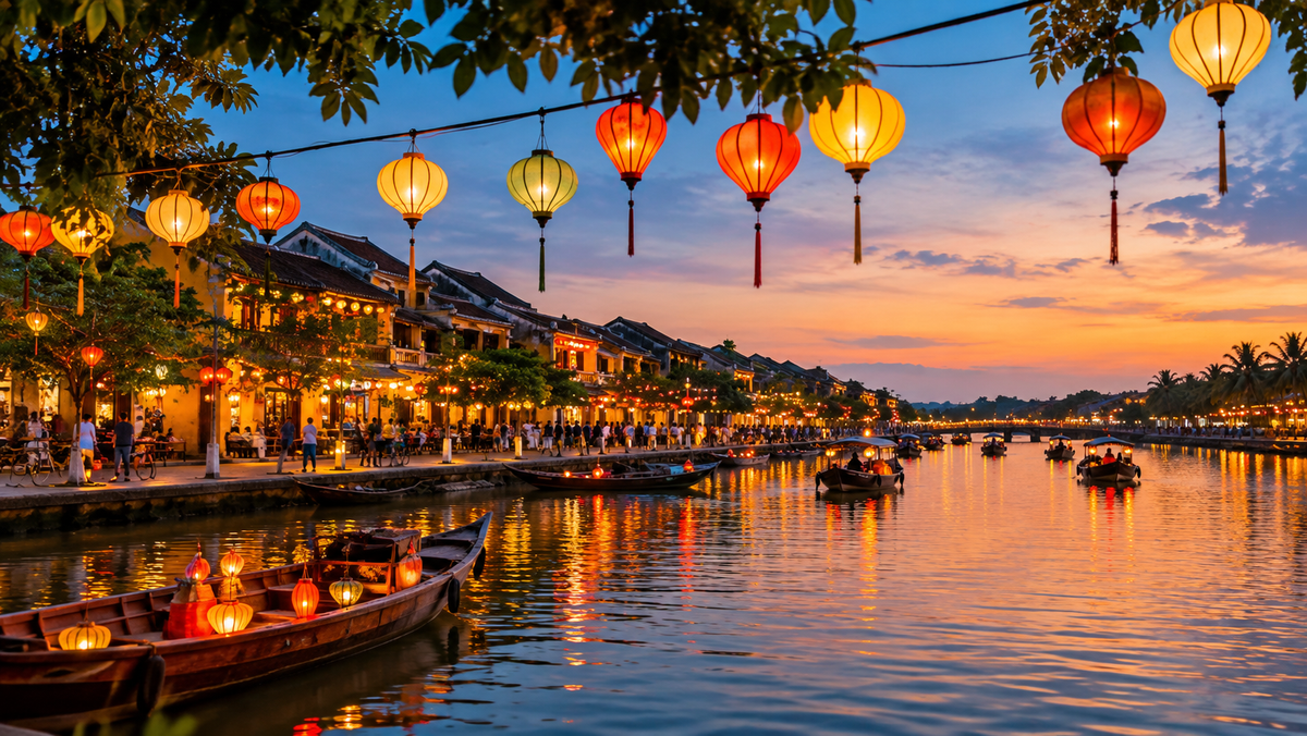 Silk lanterns strung over the Thu Bon riverfront in Hoi An Ancient Town