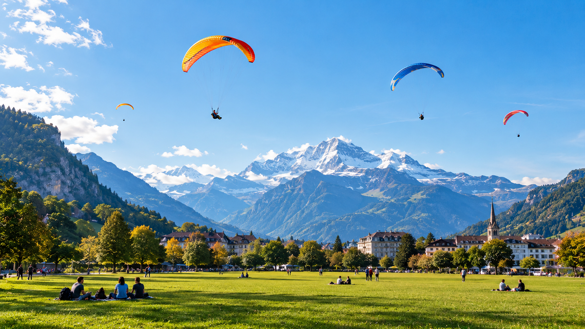 Paragliders over the Höhematte meadow with the Jungfrau behind, Interlaken