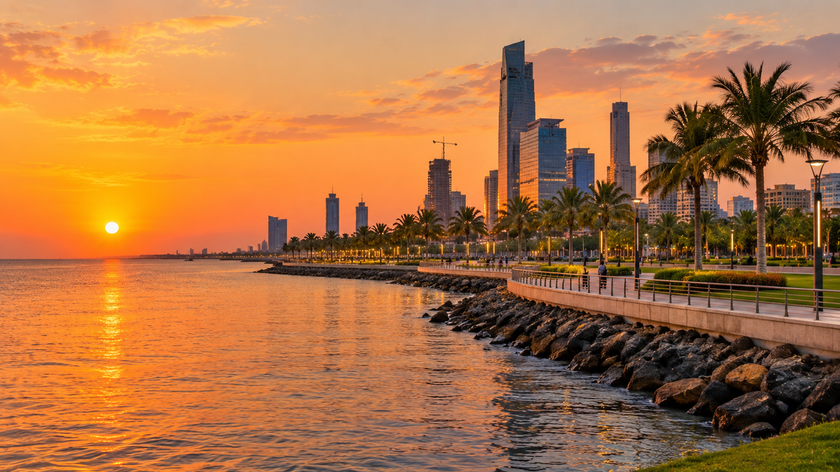 The Jeddah Corniche on the Red Sea at sunset, with the waterfront promenade and the city behind