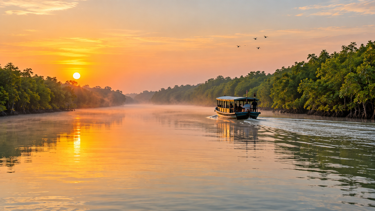 A tourist boat on a river channel through the Sundarbans mangrove forest