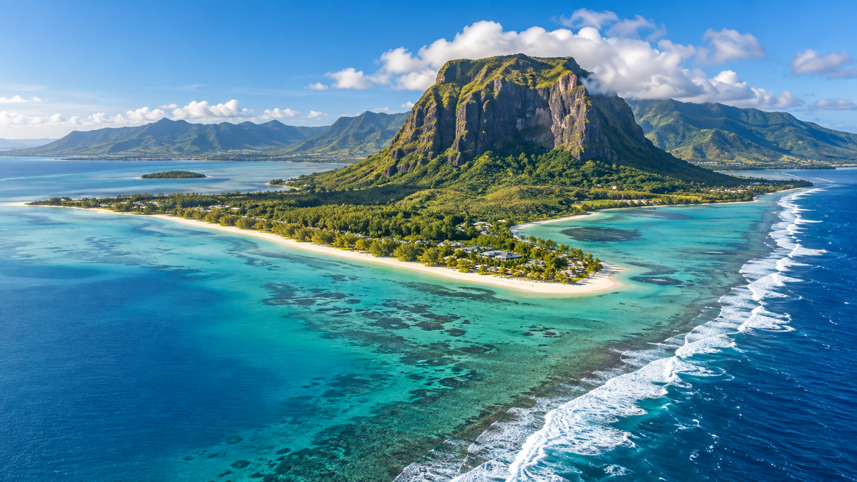 Le Morne Brabant rising above the lagoon in south-west Mauritius