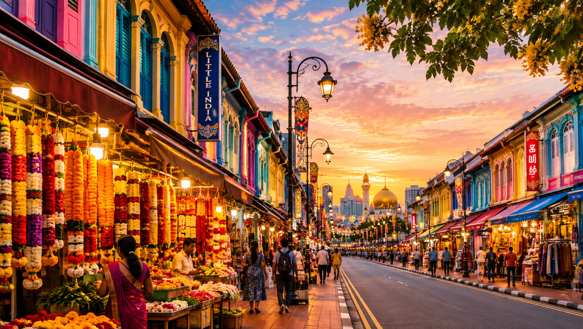 Colourful shophouses and garland stalls along Serangoon Road in Little India, Singapore