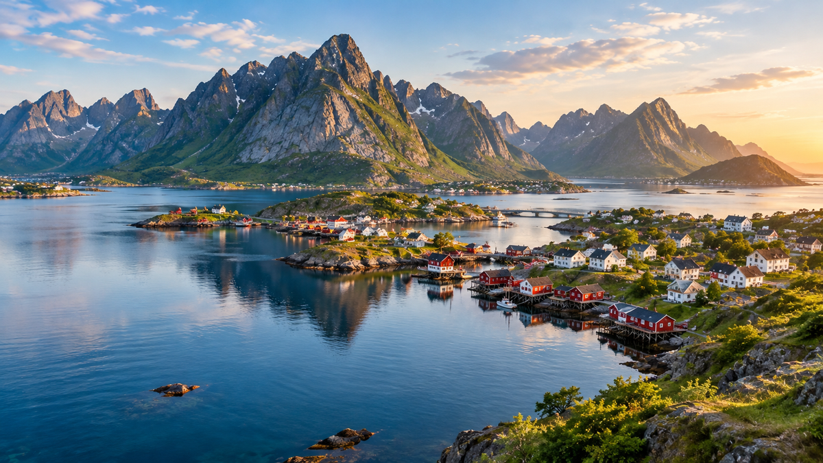 Reine and its fjord seen from the Reinebringen viewpoint in Lofoten