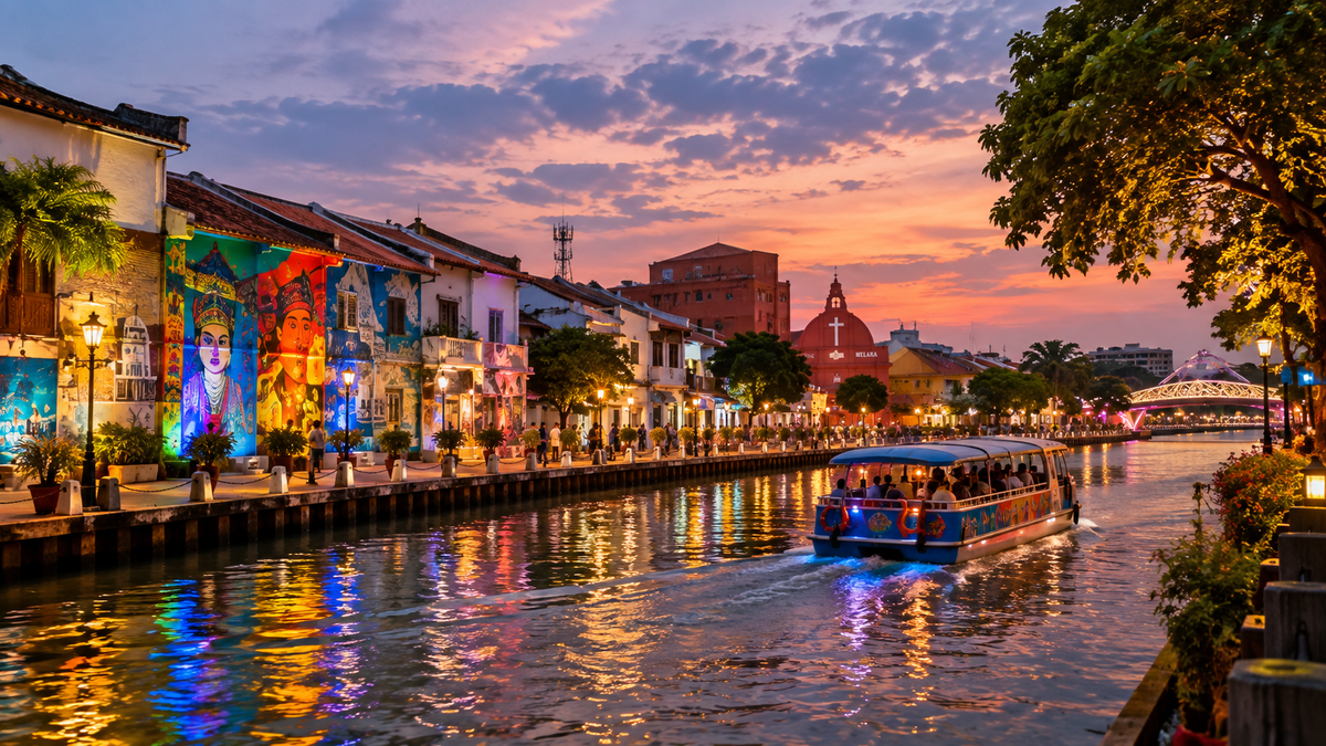 The Melaka River at dusk with illuminated riverside murals and a cruise boat passing
