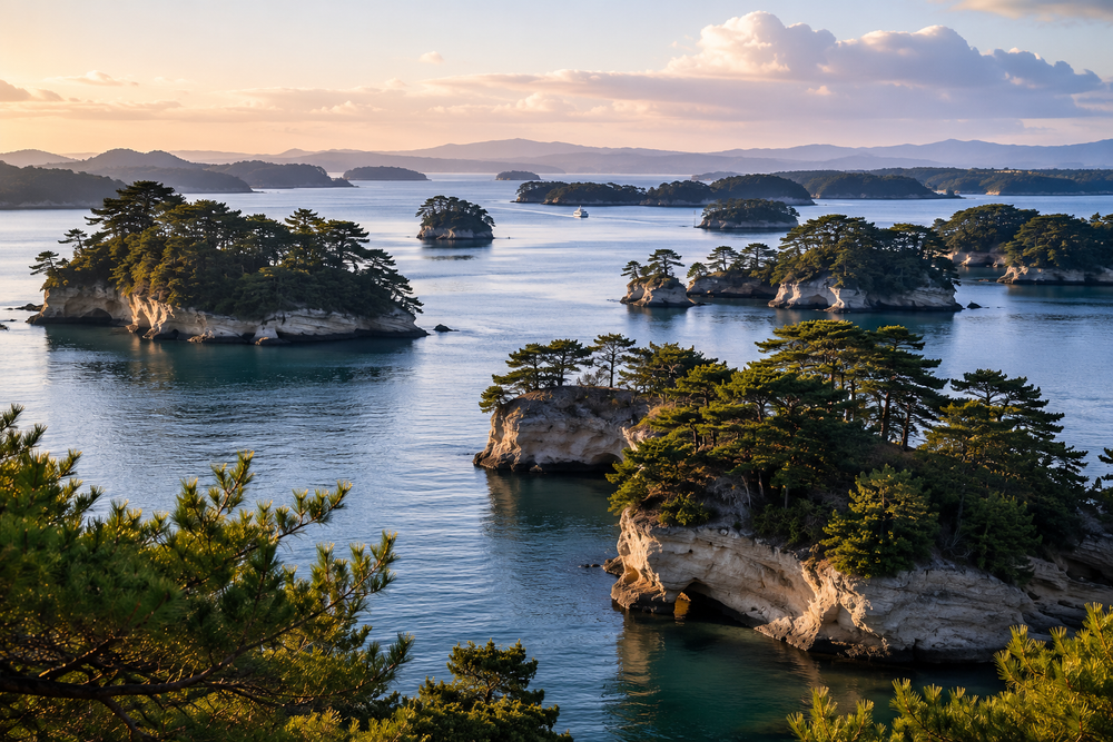 Wooded islets and eroded rock formations in Matsushima Bay, Miyagi