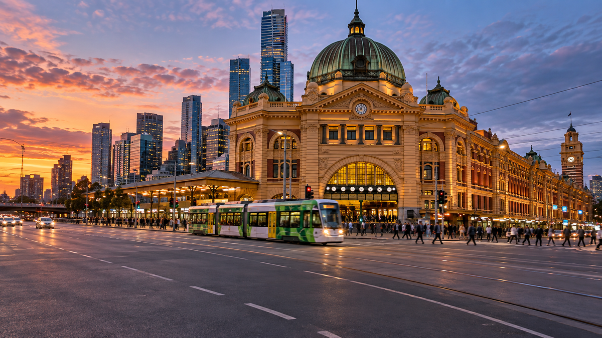 Flinders Street Station in Melbourne at dusk, with a tram passing