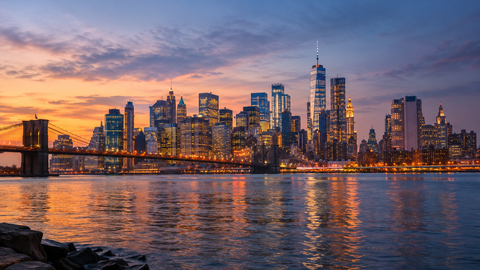 Manhattan skyline at dusk seen from across the East River