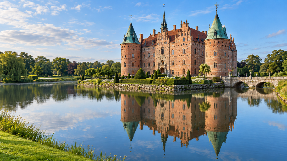 Egeskov Castle reflected in its moat on the island of Funen