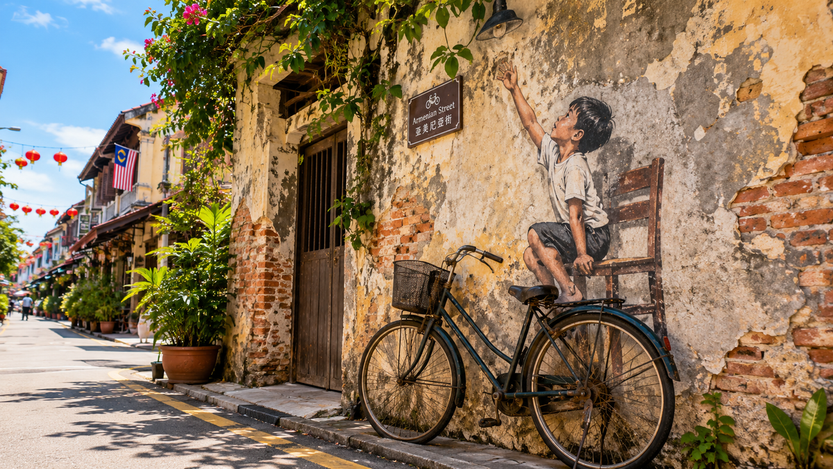 The Little Boy on Chair mural with its bicycle prop on Armenian Street, George Town, Penang