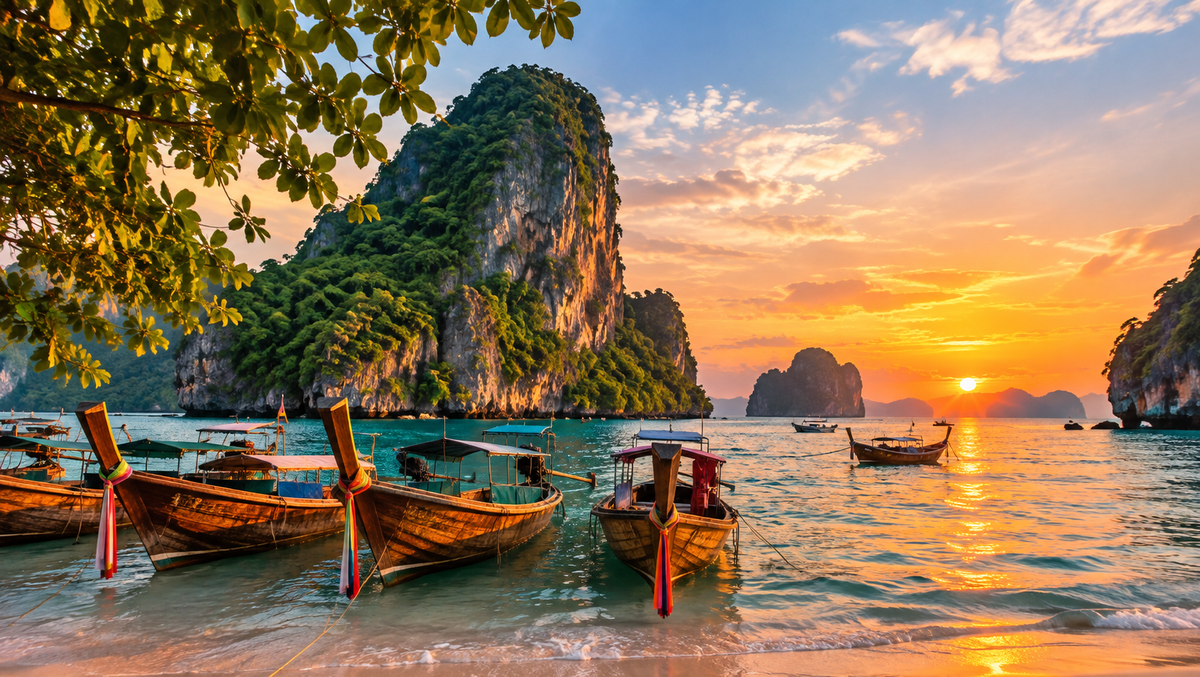 Longtail boats below limestone cliffs on a Phuket beach at sunset
