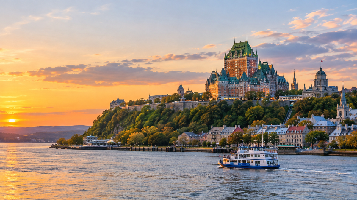 Old Québec and the Château Frontenac seen from the St Lawrence River at sunset