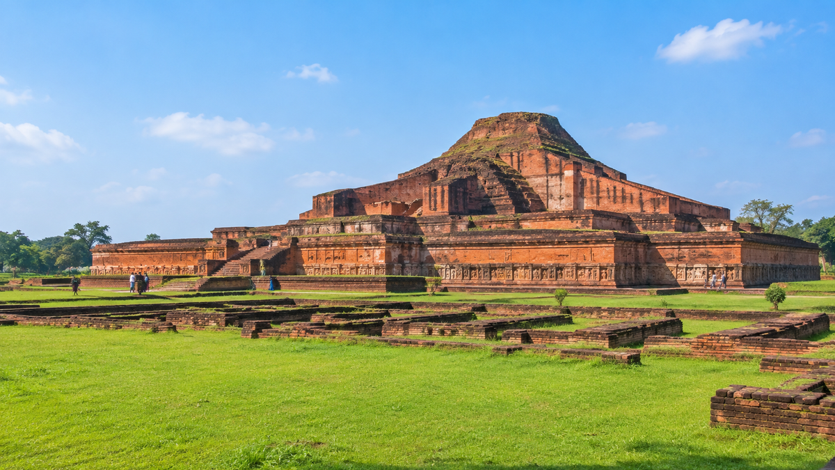 The red-brick central shrine of Somapura Mahavihara at Paharpur