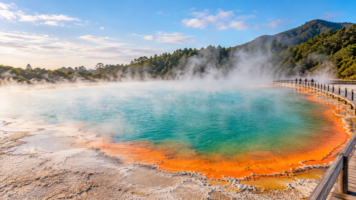 The steaming Champagne Pool at Wai-O-Tapu near Rotorua