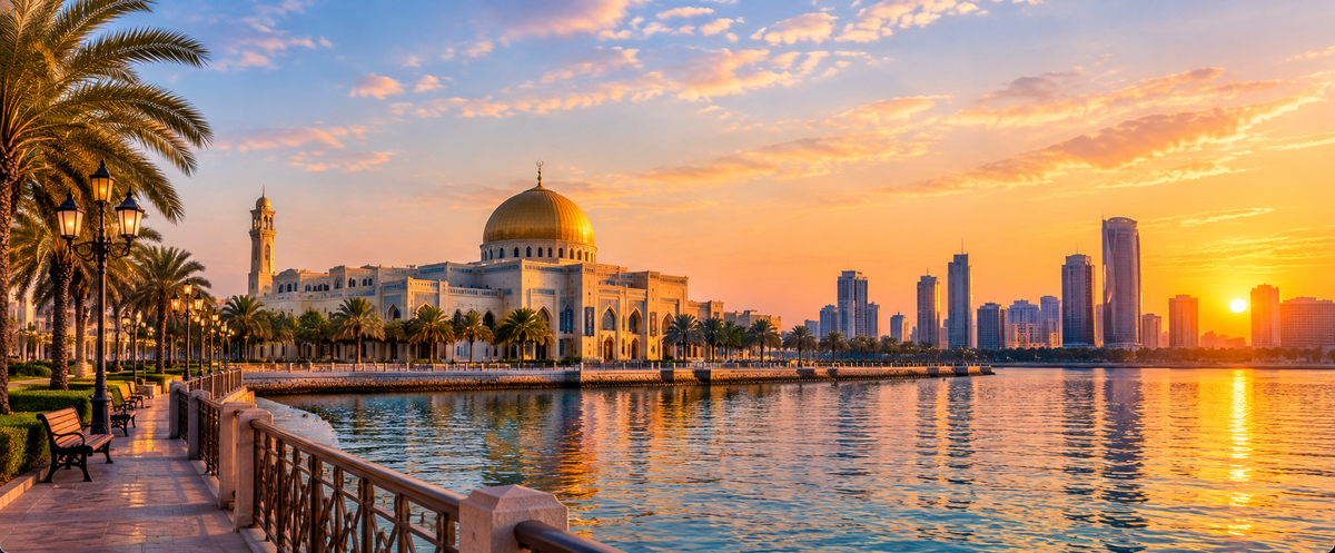 The golden dome of the Sharjah Museum of Islamic Civilization on the Al Majarrah waterfront