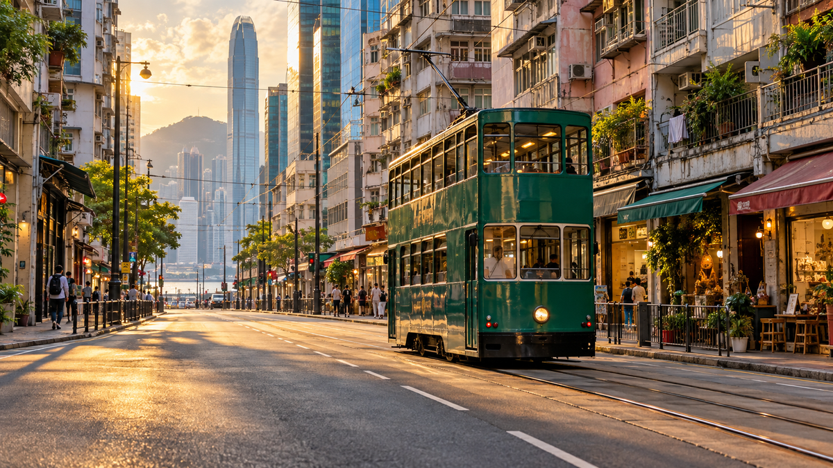 A double-decker tram passing old tenement buildings in Sheung Wan
